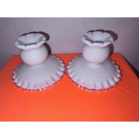 Vintage Fenton Silver Crest Milk Glass Candlestick Holders - Picture 2 of 5
